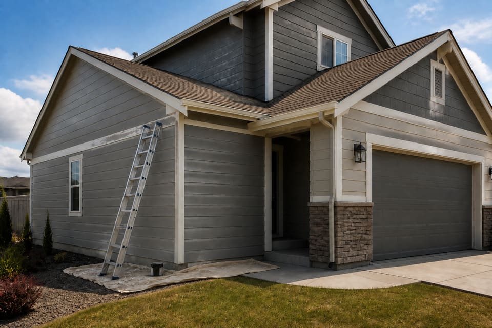 Ordinary Boise-area house with exterior work in progress, suggesting a repair-or-sell decision. Illustrative property.